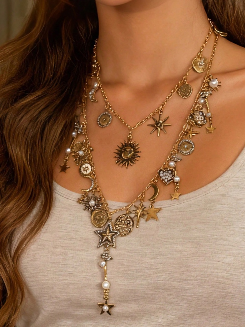 Boho Gold Tone Faux Pearl Celestial Charms Necklace Set